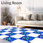 Abstract Blue Floral Checkered Rug