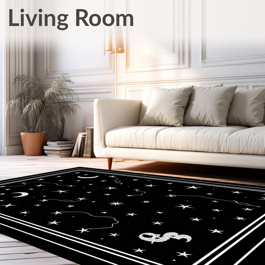 Black White Celestial Moon Star Rug