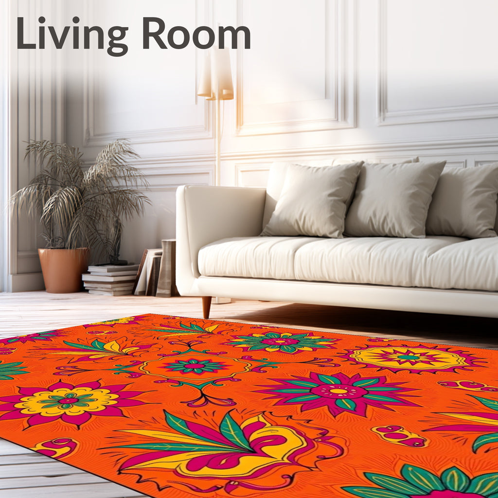 Vibrant Orange Floral Medallion Tapestry Rug