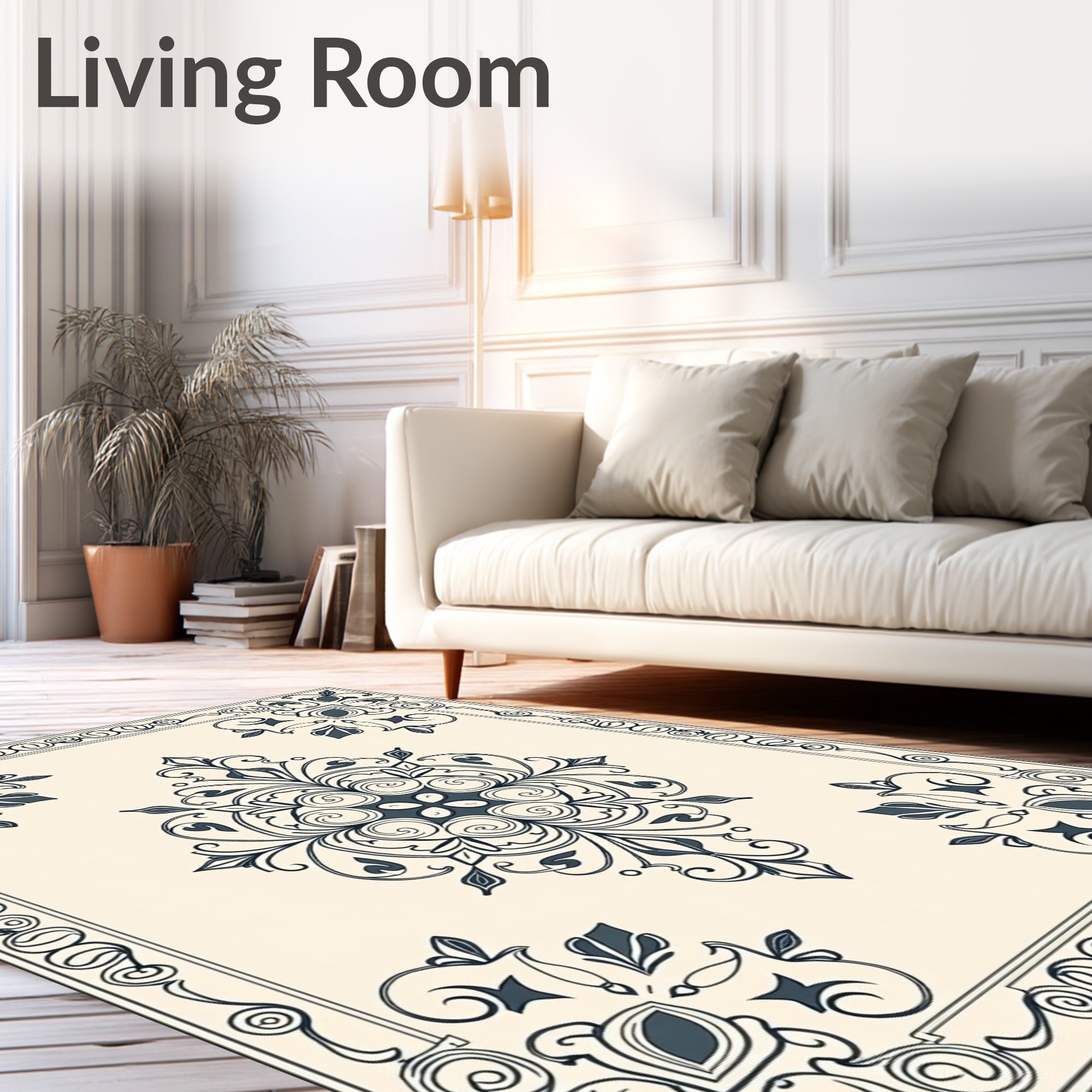 Navy Ivory Ornate Scroll Medallion Rug