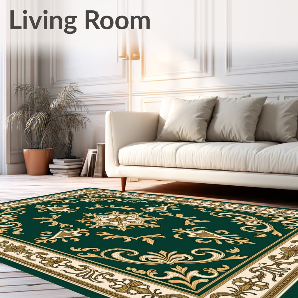 Emerald Gold Scrollwork Traditional Decorative Rug