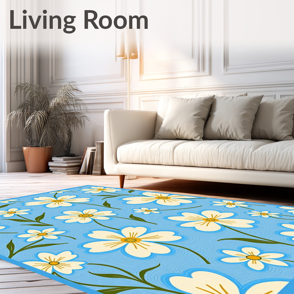 Bright White Daisy Sky blue Background Rug