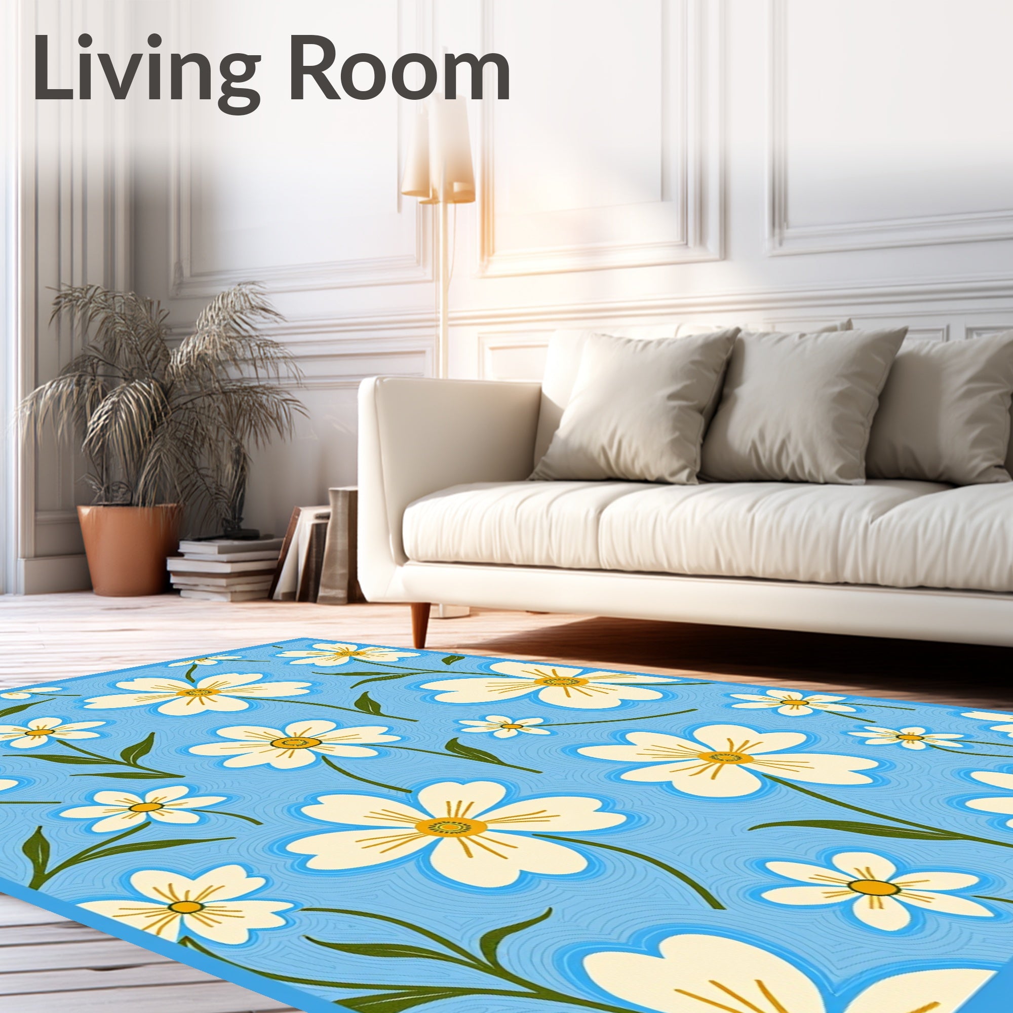 Bright White Daisy Sky blue Background Rug