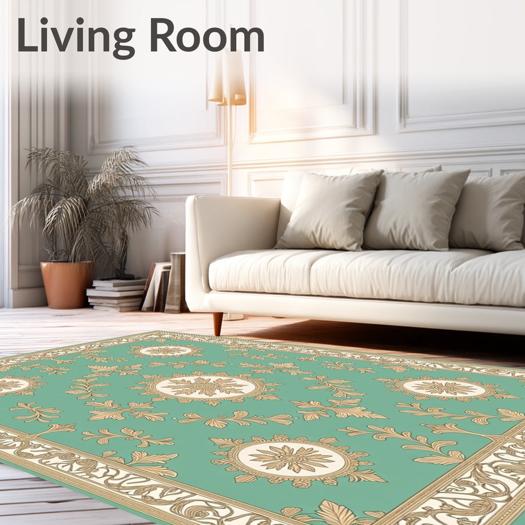 Teal Golden Medallion Acanthus Border Rug