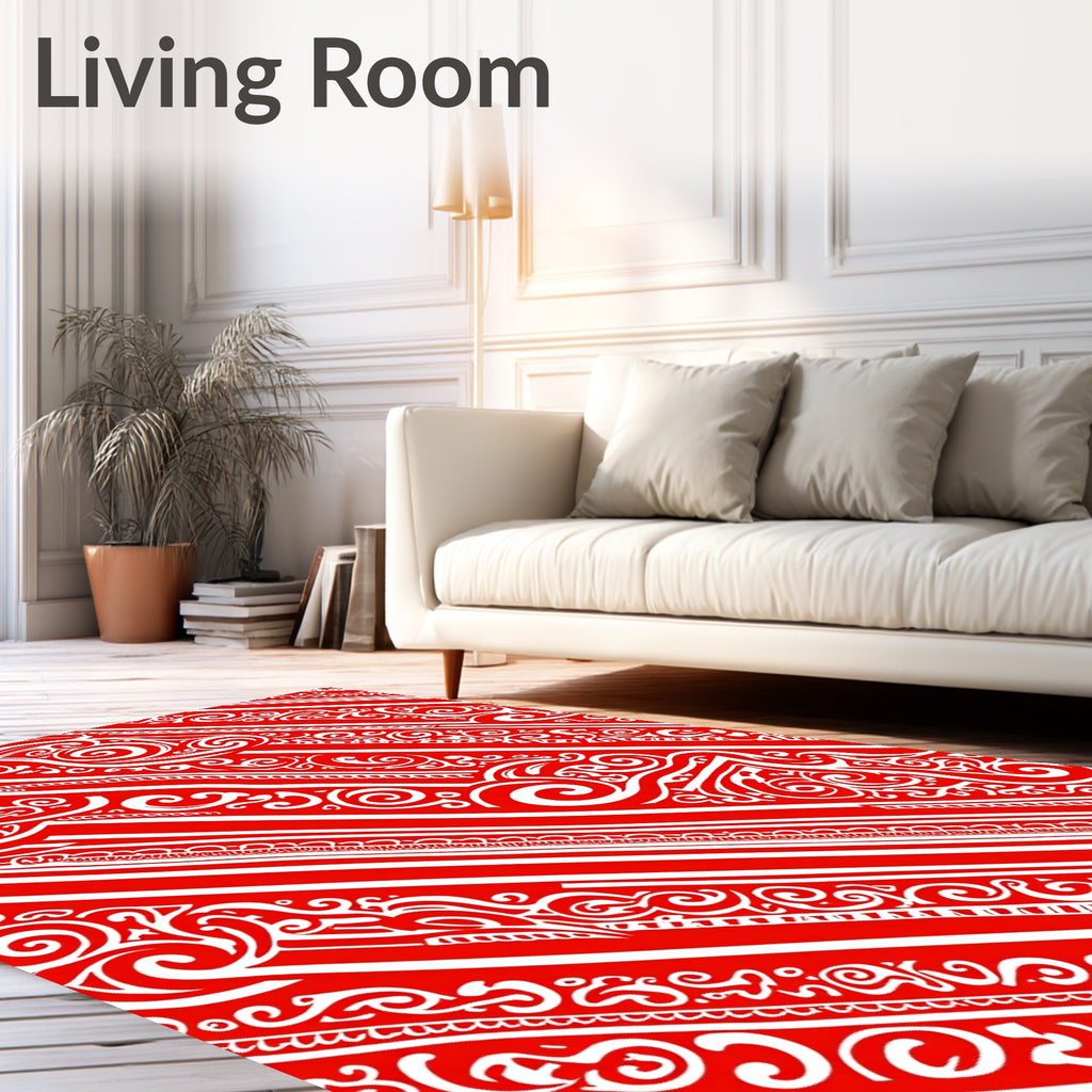 Red White Swirling Calligraphy Stripe Rug