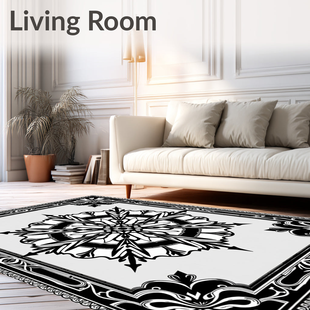 Black White Art Nouveau Floral Mandala Rug