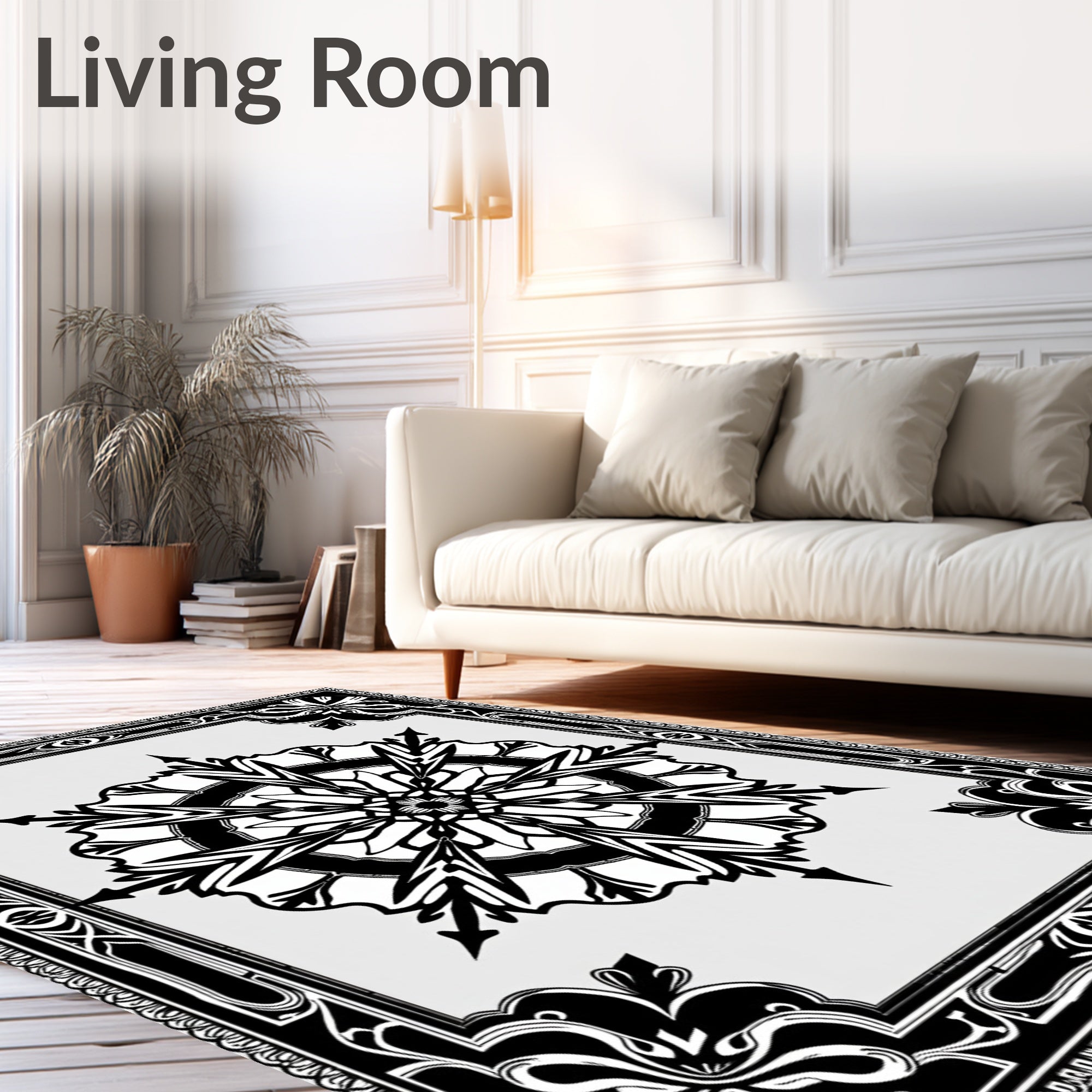 Black White Art Nouveau Floral Mandala Rug