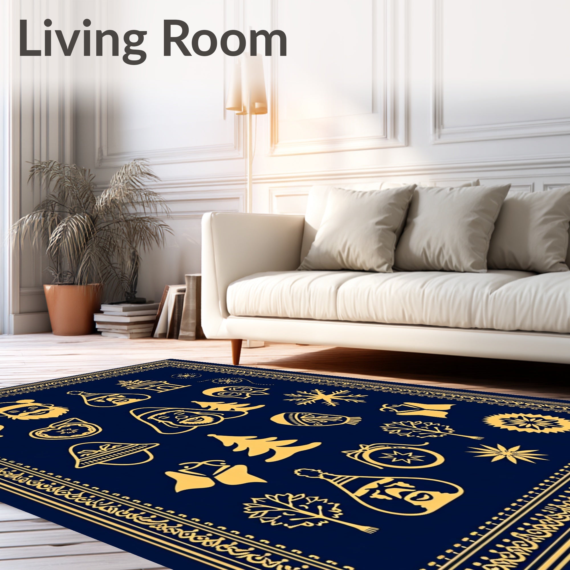 Golden Festive Icons Navy Celestial Frame Rug