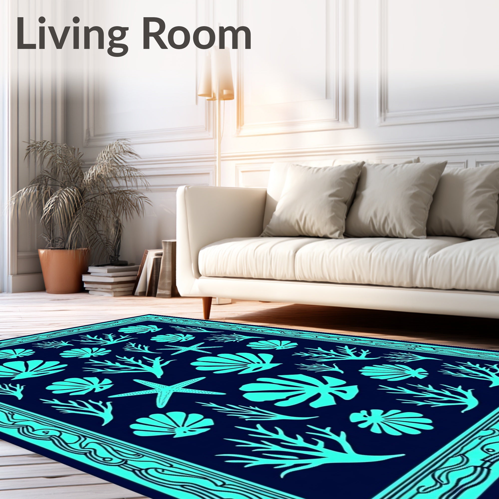 Oceanic Shells and Coral Deep Blue Rug