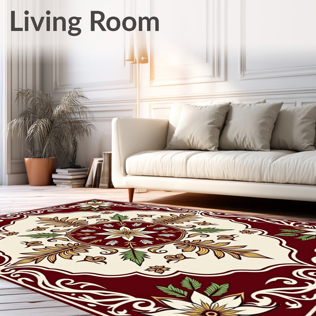 Crimson and Cream Botanical Floral Rug
