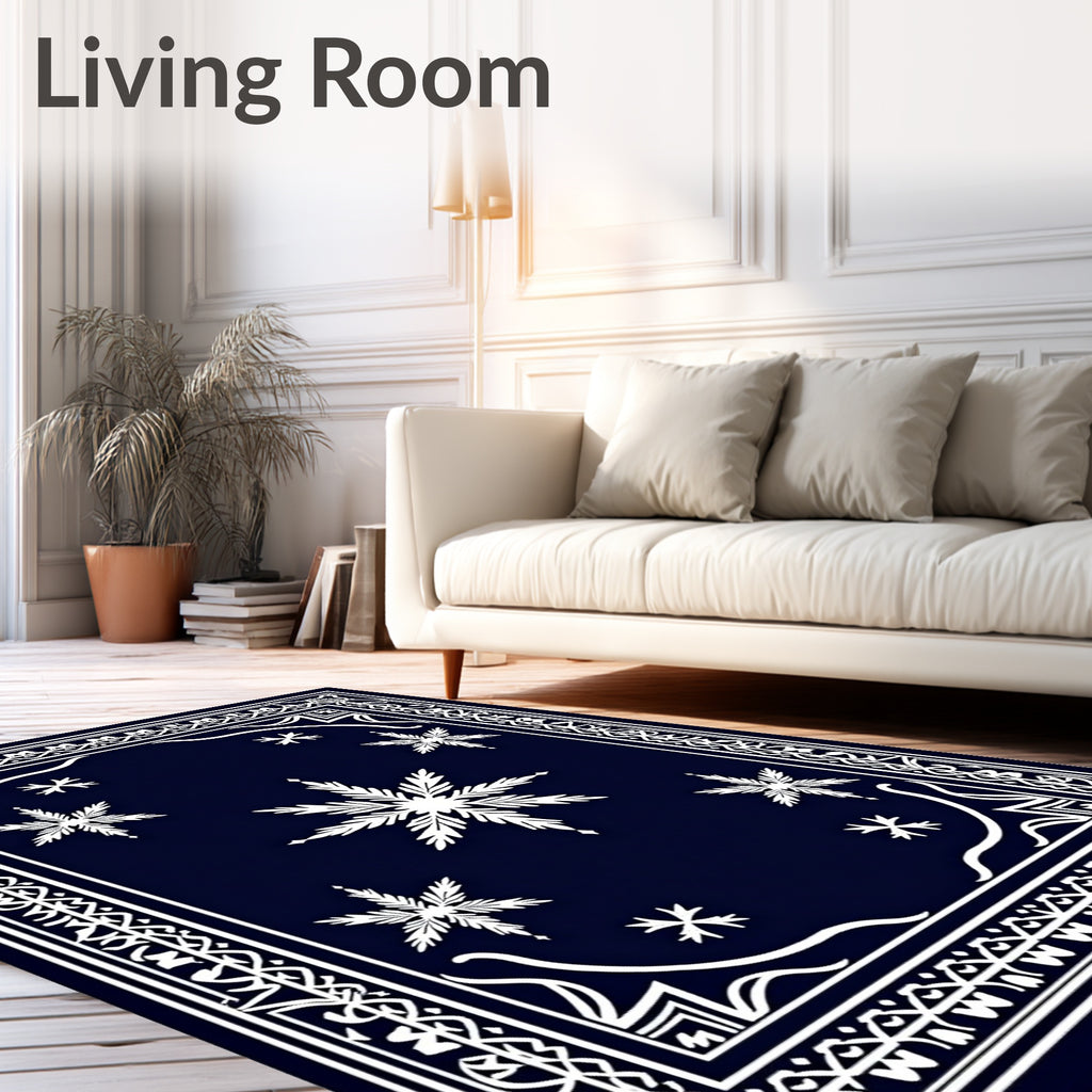 White Snowflake Navy Blue Border Rug