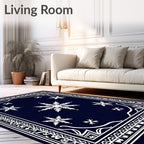 White Snowflake Navy Blue Border Rug