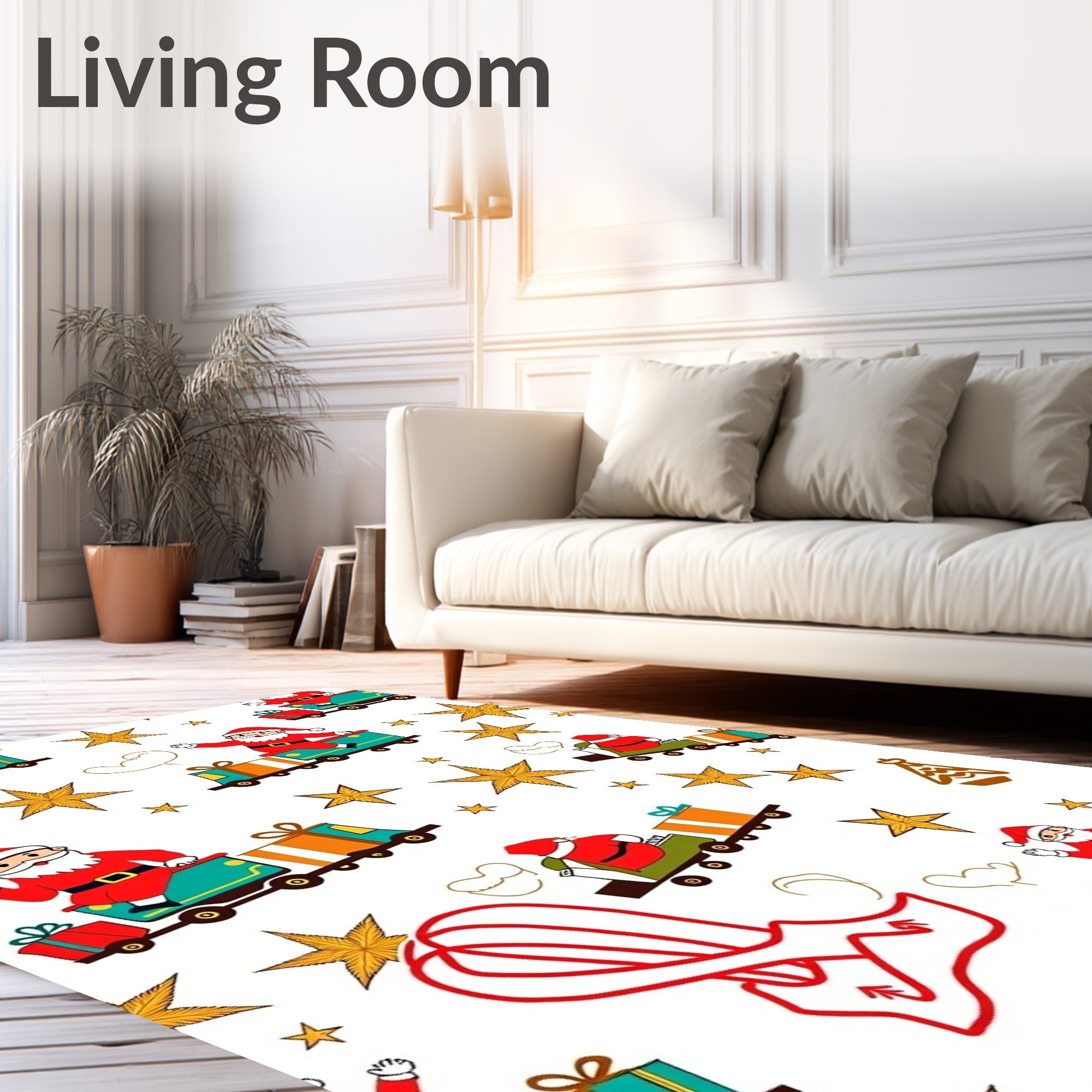 Jolly Santa Train Gold Star Whimsical Rug