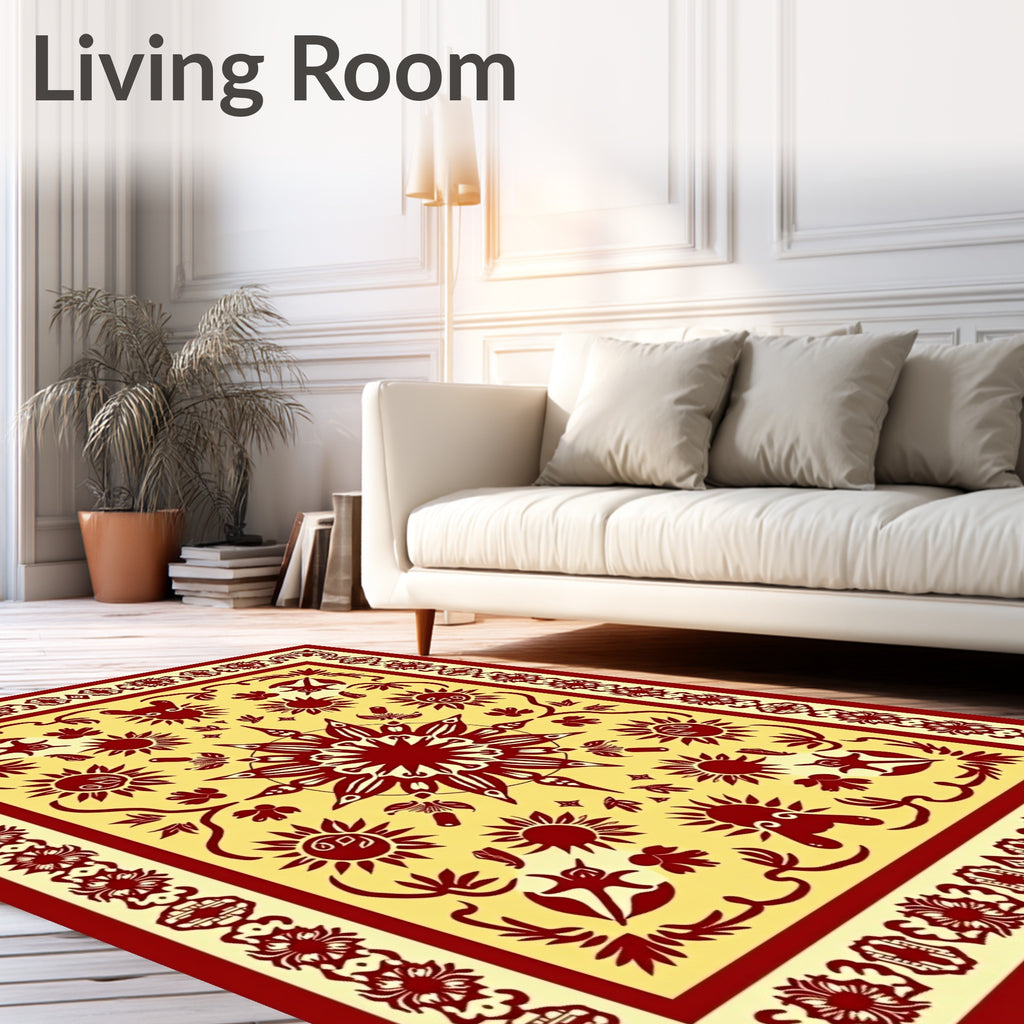 Crimson Sunburst Bordered Yellow Rug