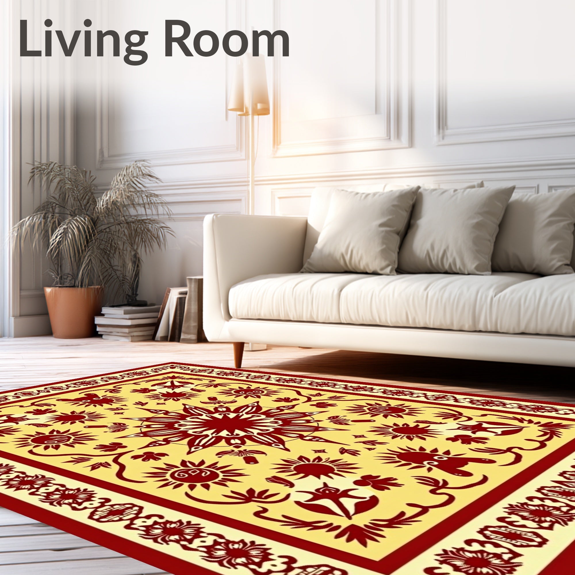 Crimson Sunburst Bordered Yellow Rug