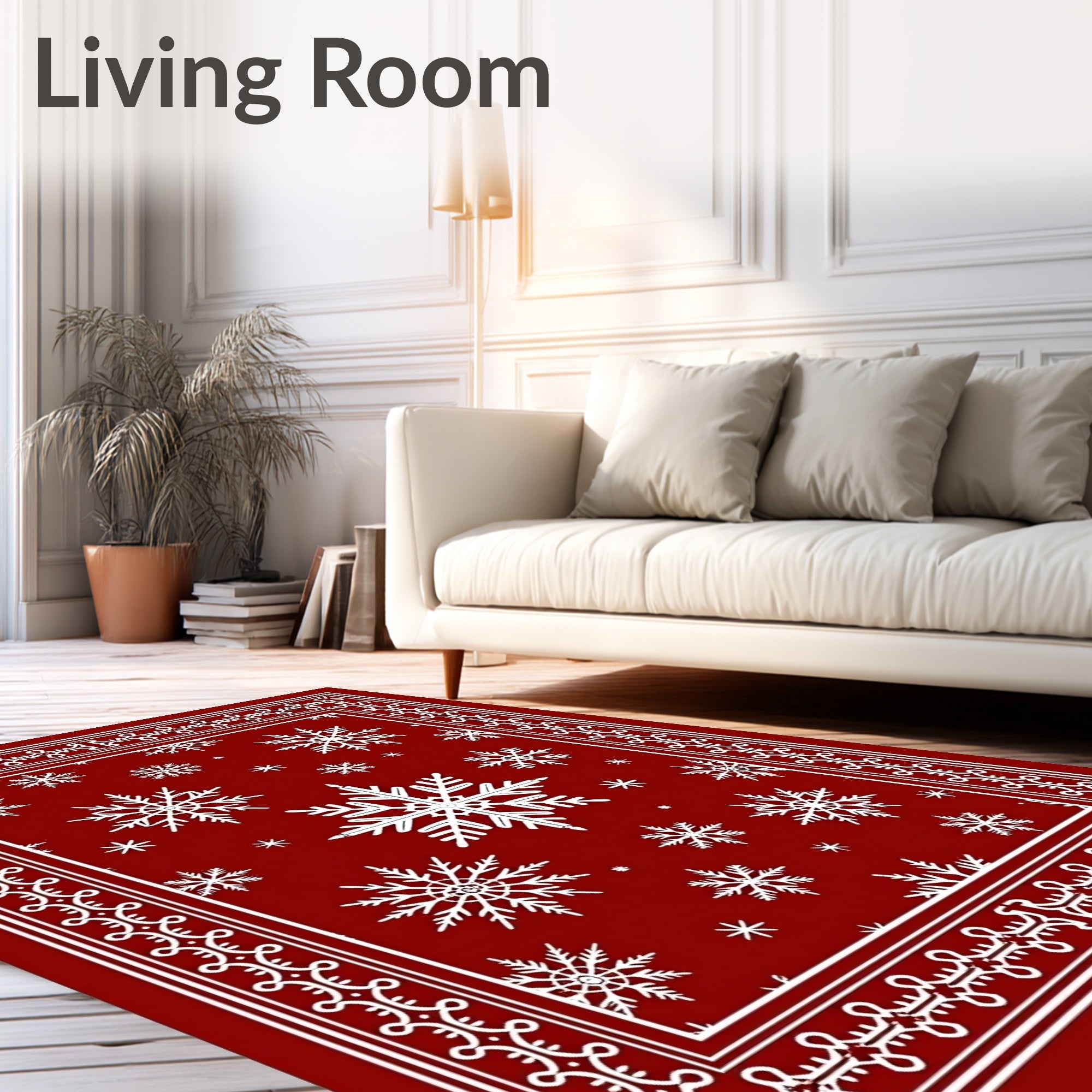 Red White Snowflake Bordered Rug