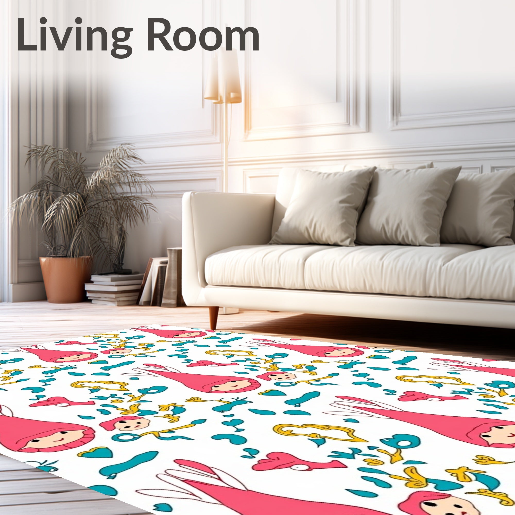 Whimsical Pink Gnomes Teal Hearts Yellow Swirls Rug