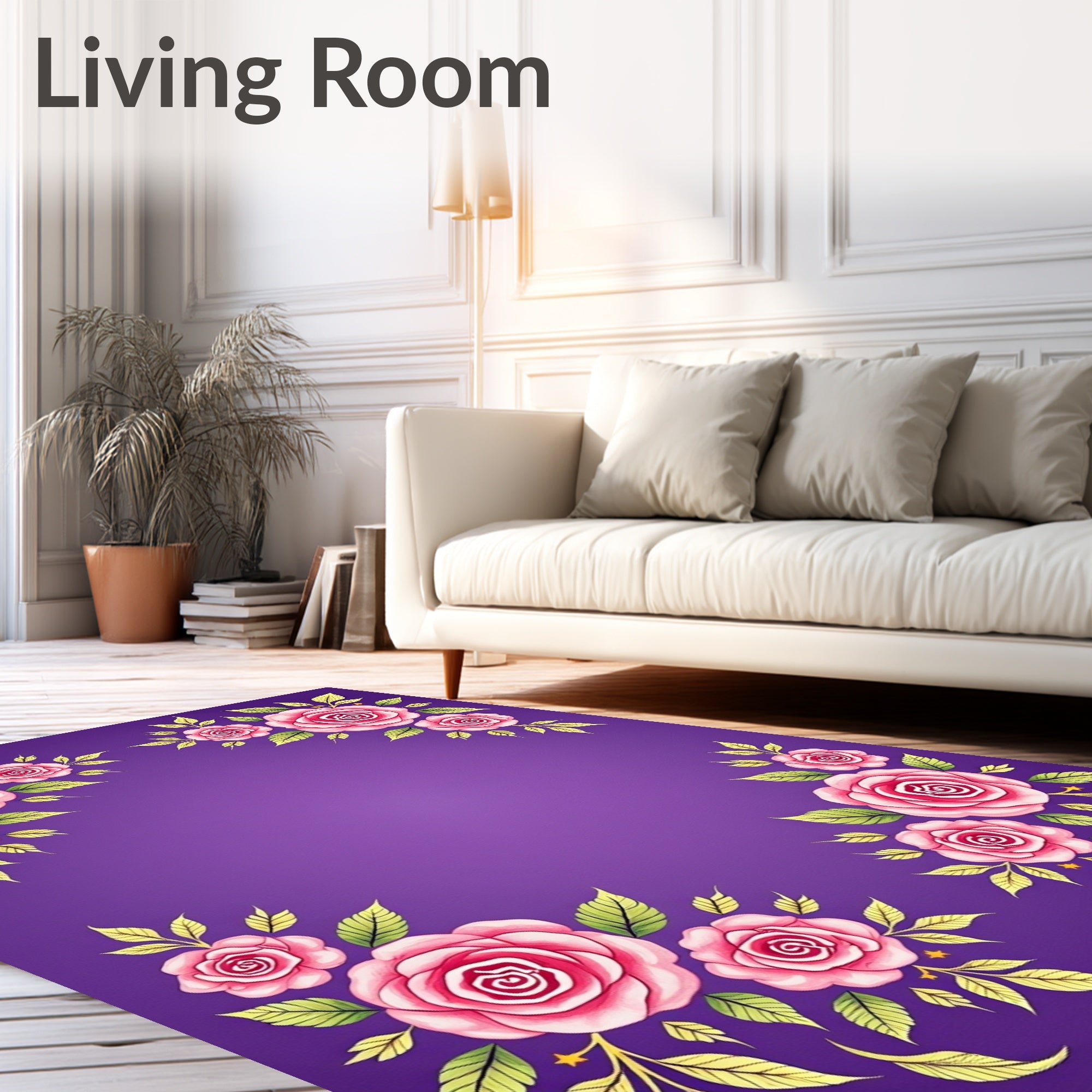Pink Roses Floral Lavender Border Rug