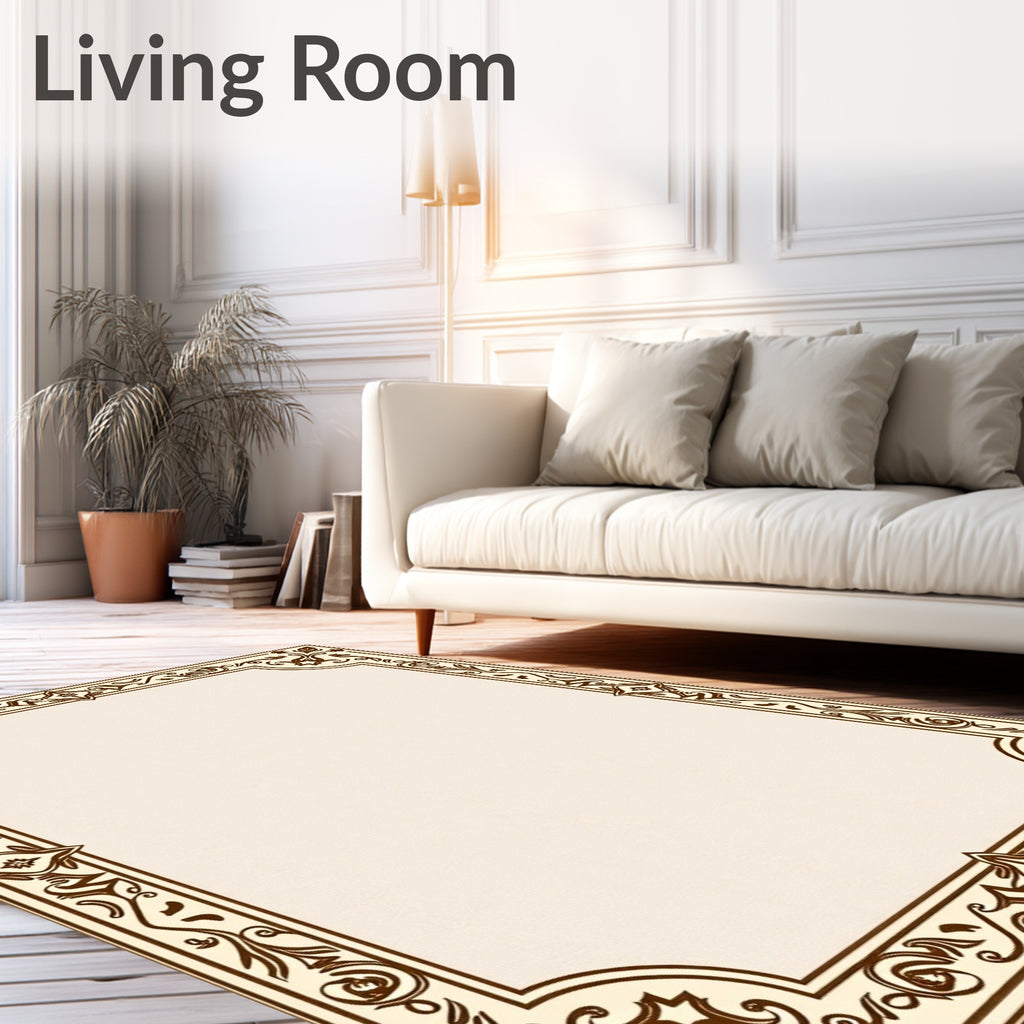 Elegant Brown Ivory Floral Scroll Border Rug