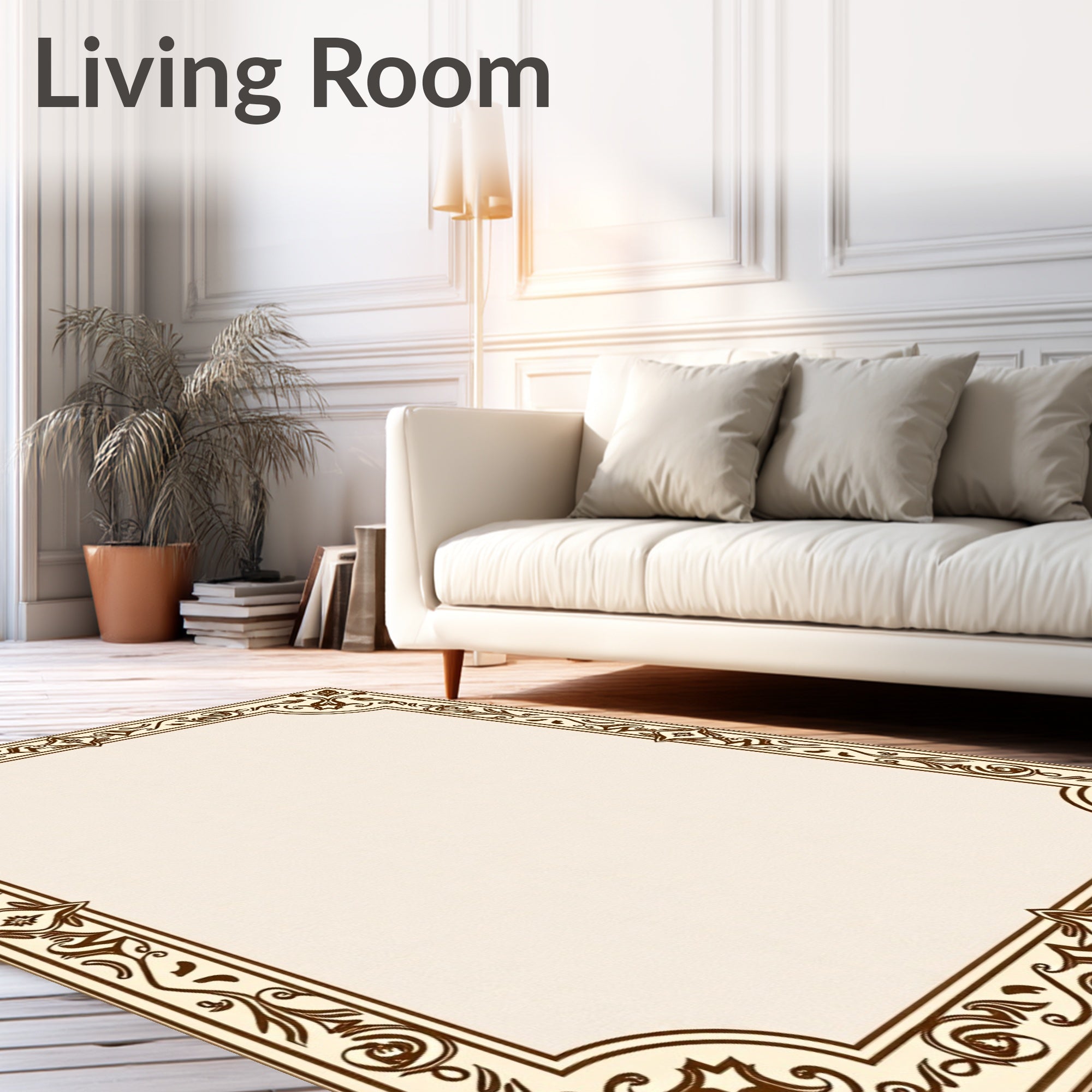 Elegant Brown Ivory Floral Scroll Border Rug