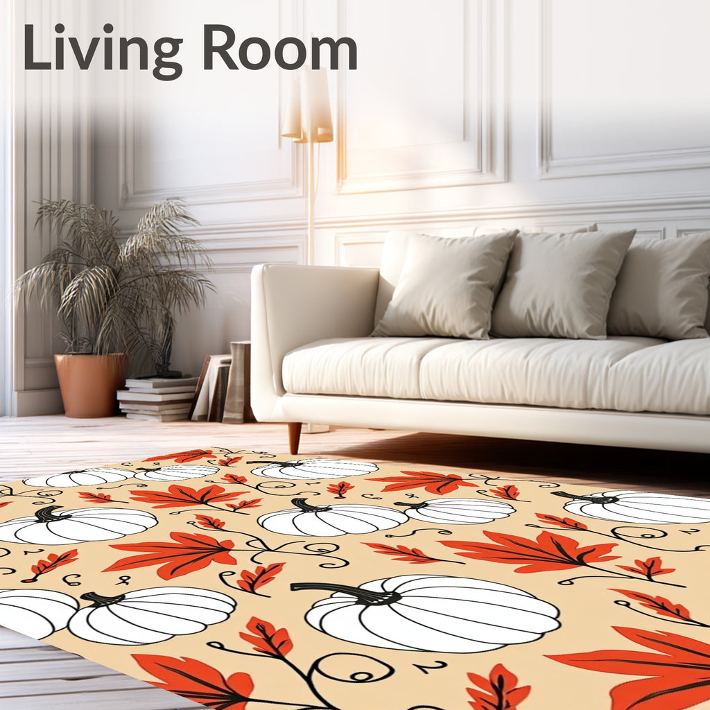 Autumn White Pumpkin Orange Leaf Swirls Rug