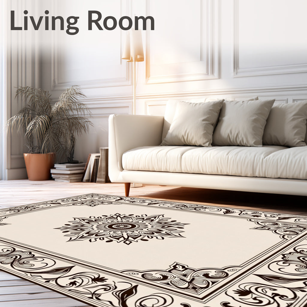 Ornate Cream and Brown Mandala Border Rug