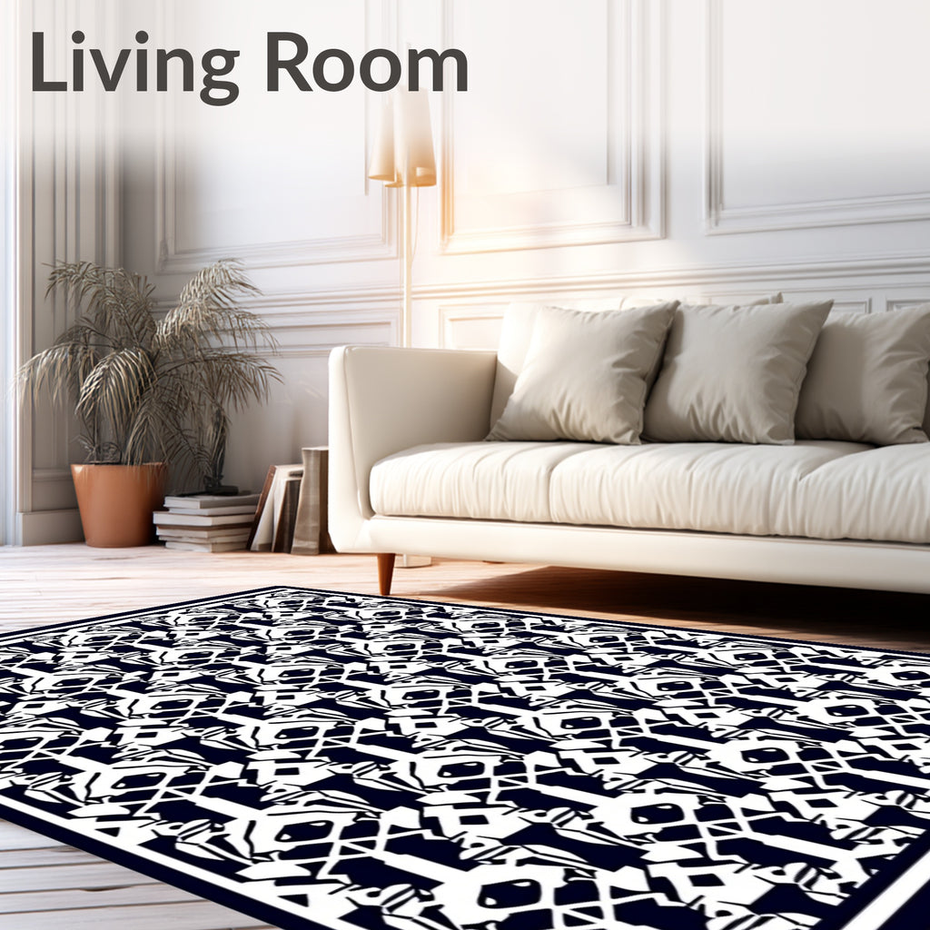 Dark Navy White Abstract Creature Medallion Rug