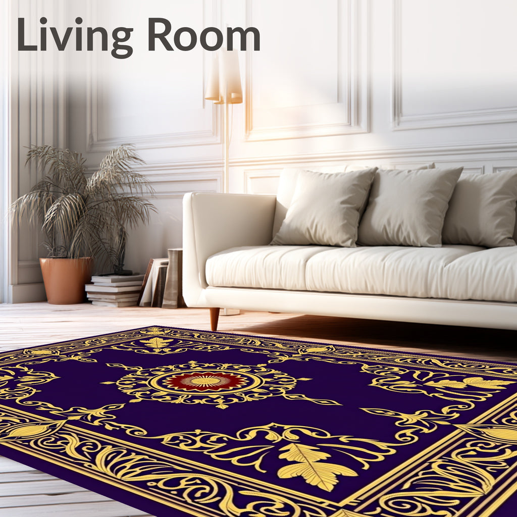 Deep Indigo Gold Floral Medallion Border Rug