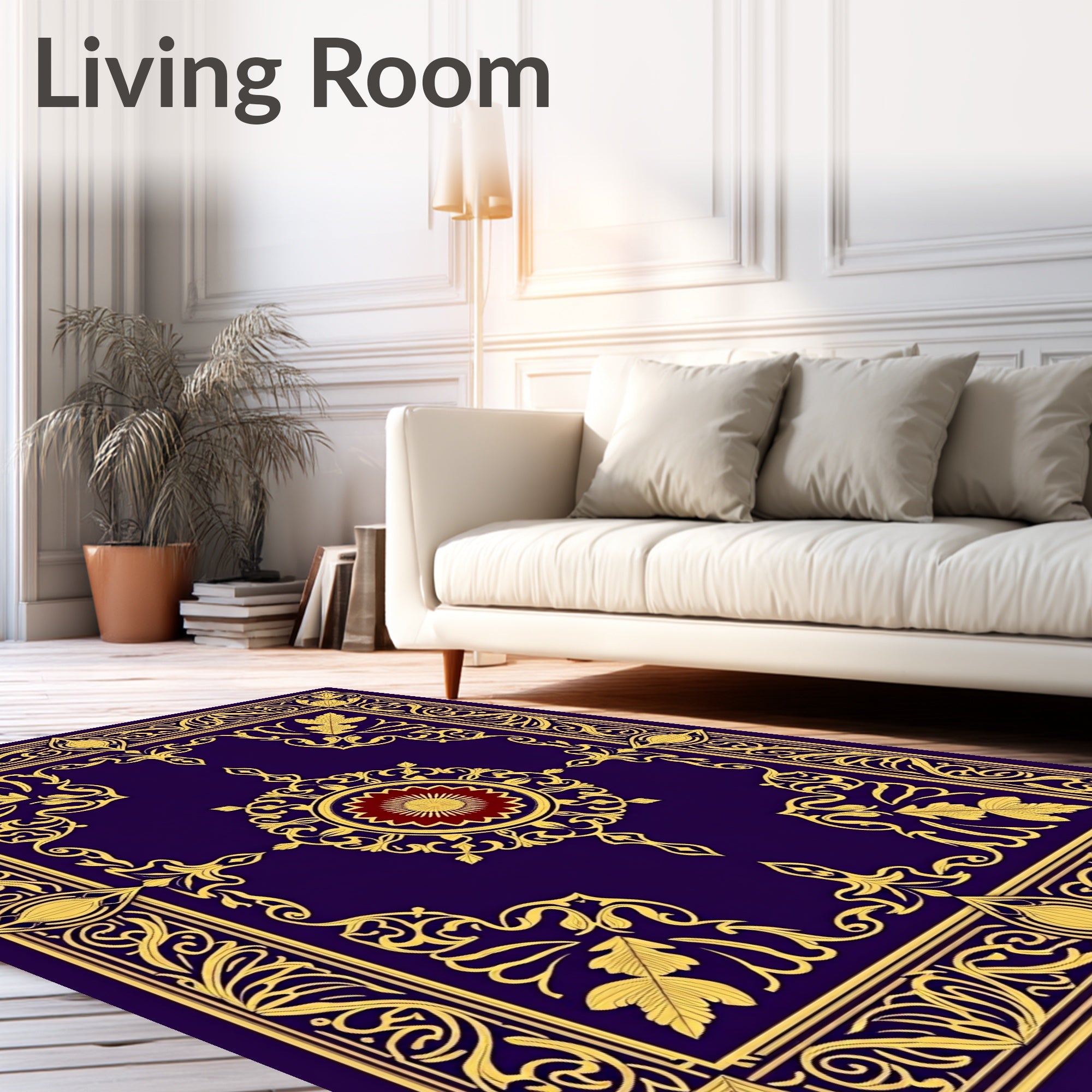 Deep Indigo Gold Floral Medallion Border Rug