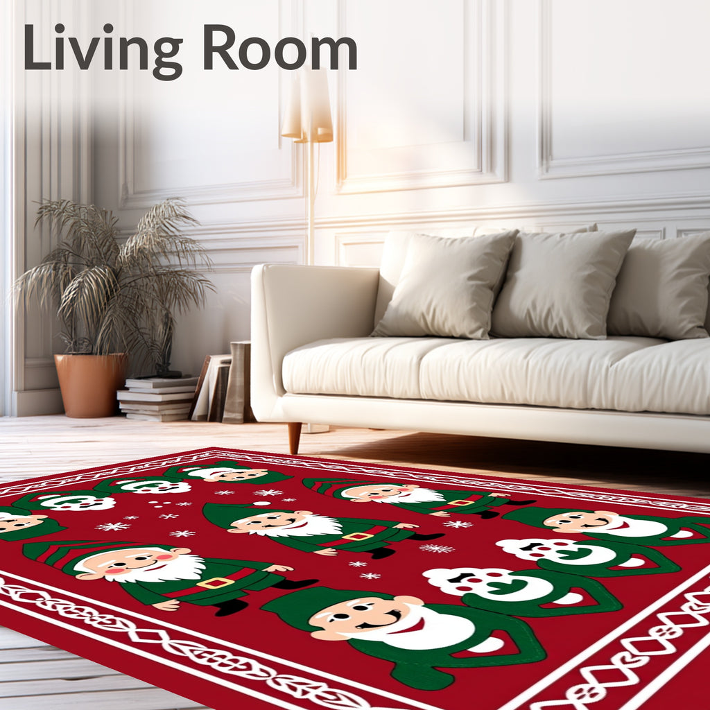 Whimsical Red Green Gnome Snowflake Border Rug