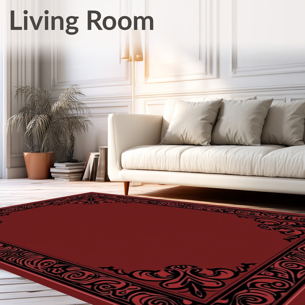 Deep Crimson Black Scrollwork Frame Rug
