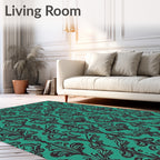 Teal Black Ornate Damask Floral Rug