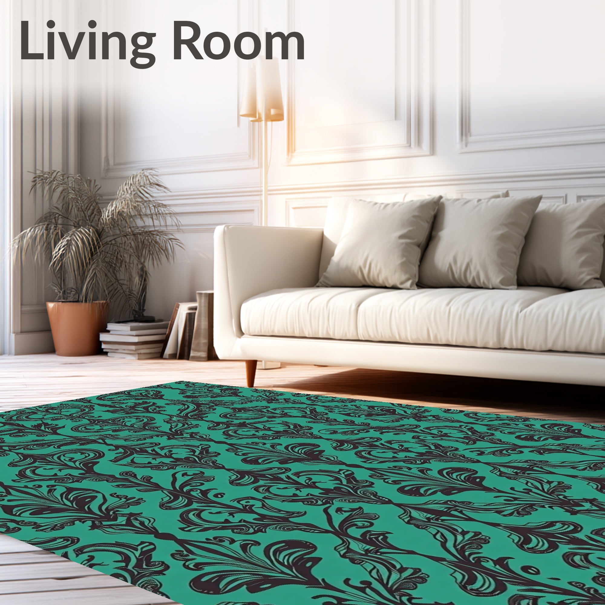 Teal Black Ornate Damask Floral Rug