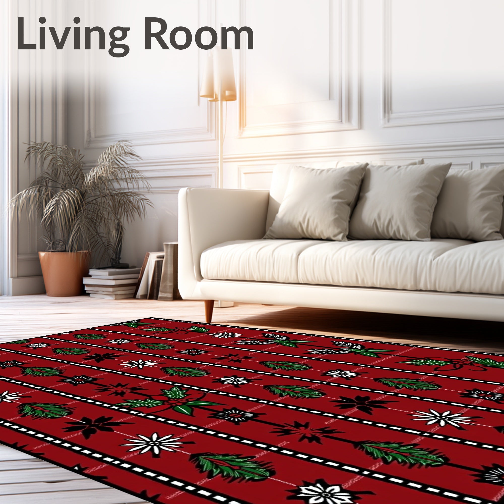 Festive Red Green Poinsettia Stripe Rug
