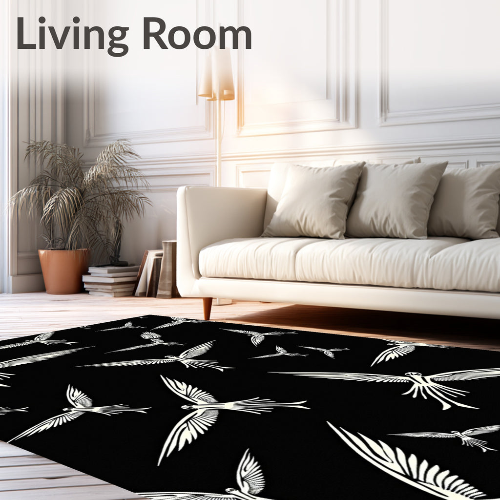 White Birds Flying Across Black Canvas Rug