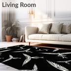 White Birds Flying Across Black Canvas Rug
