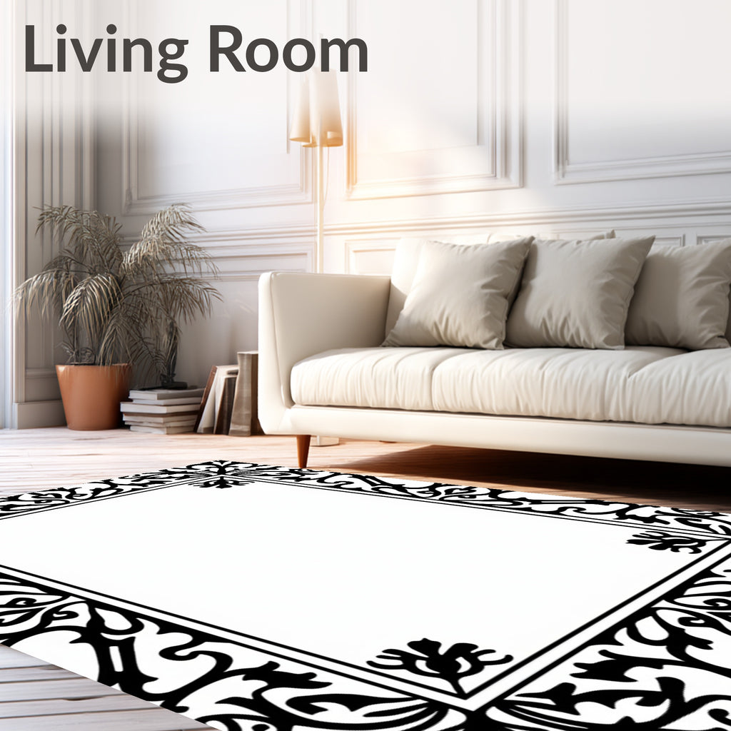 Ornate Black Floral Scroll Border Rug