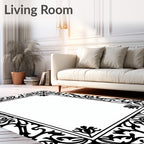Ornate Black Floral Scroll Border Rug