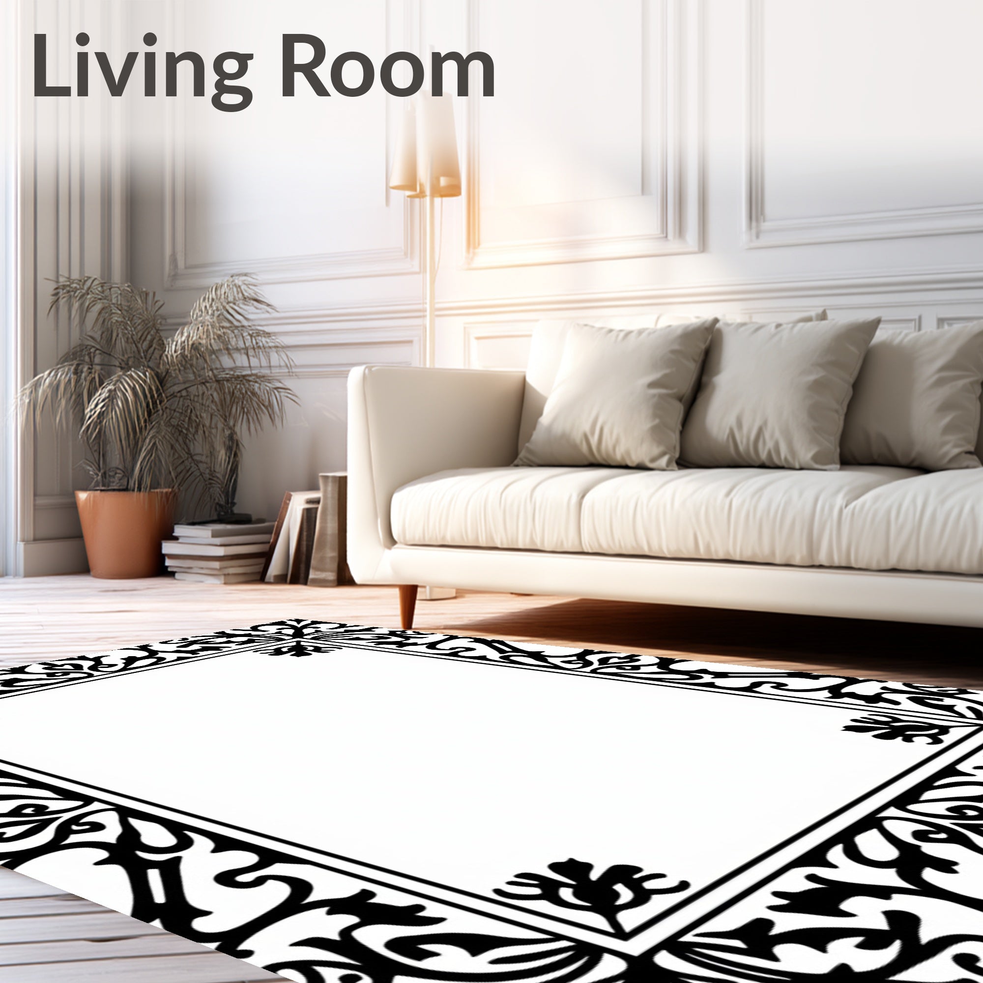 Ornate Black Floral Scroll Border Rug
