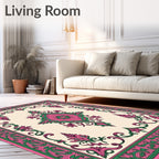 Ornate Pink Green Floral Medallion Border Rug