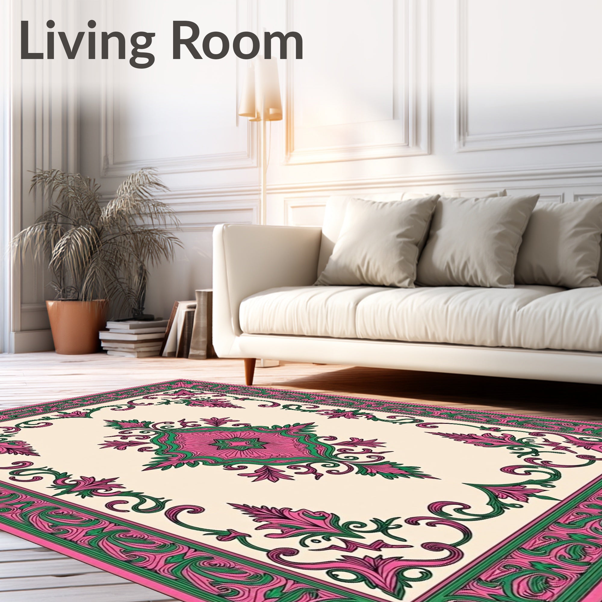 Ornate Pink Green Floral Medallion Border Rug