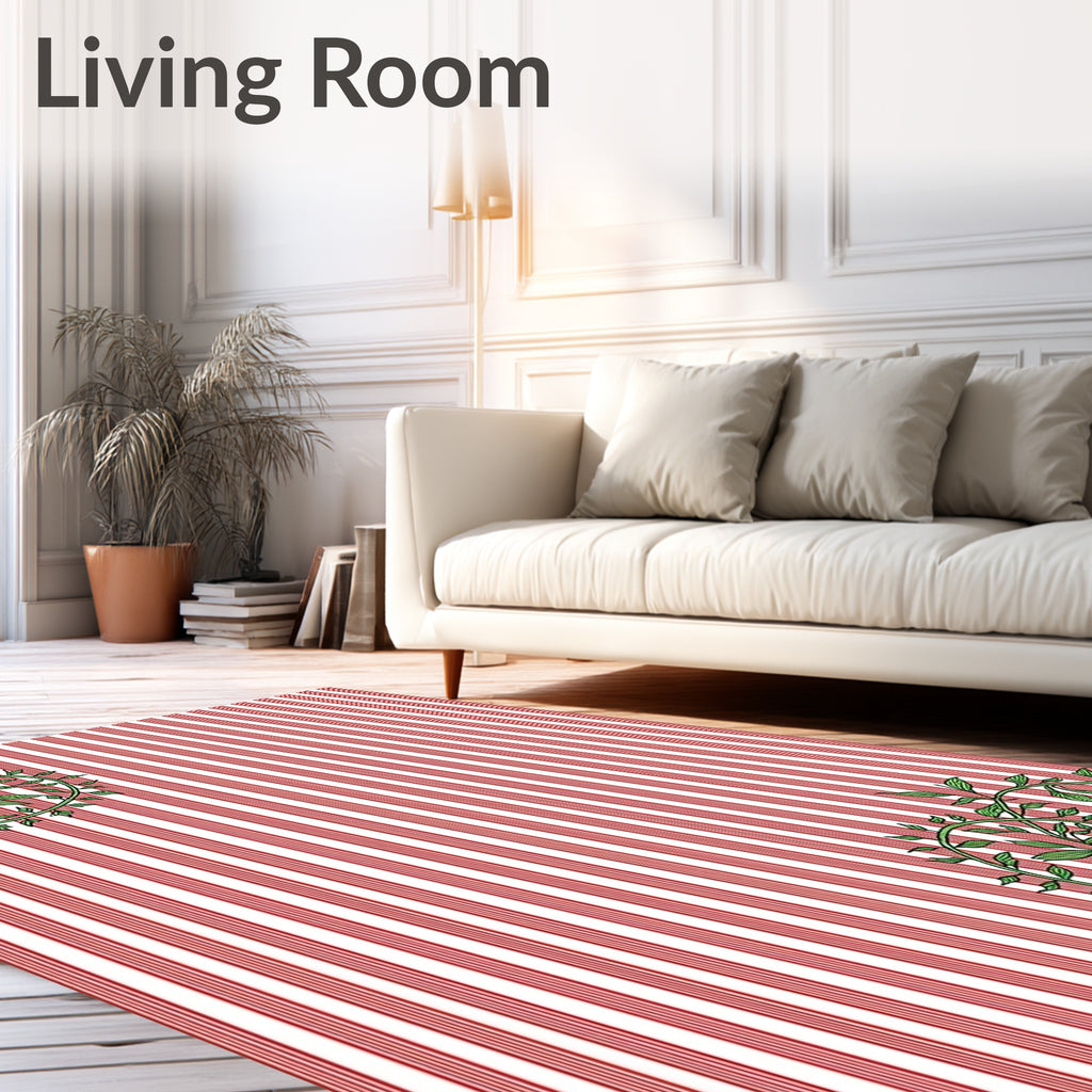 Whimsical Red Stripe Green Vine Rug