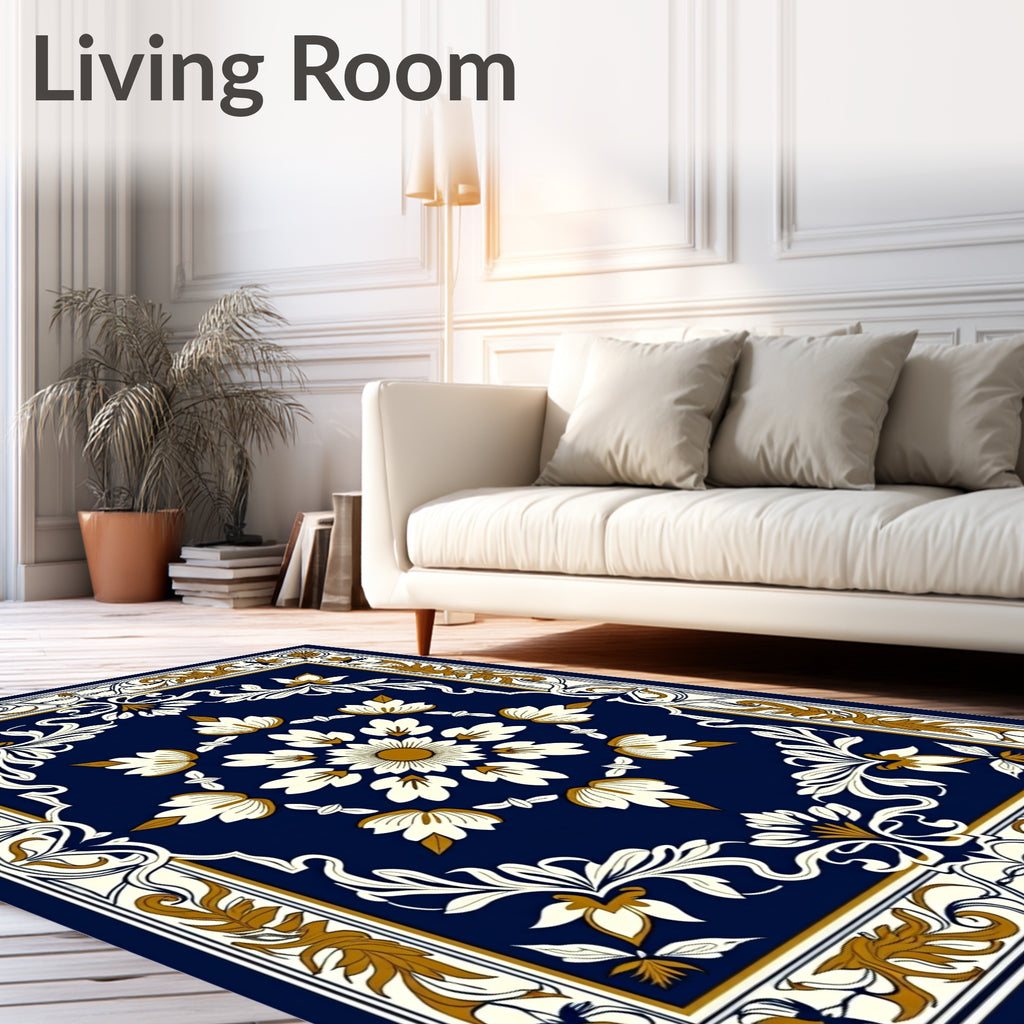 Navy Gold White Floral Medallion Frame Rug