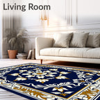 Navy Gold White Floral Medallion Frame Rug