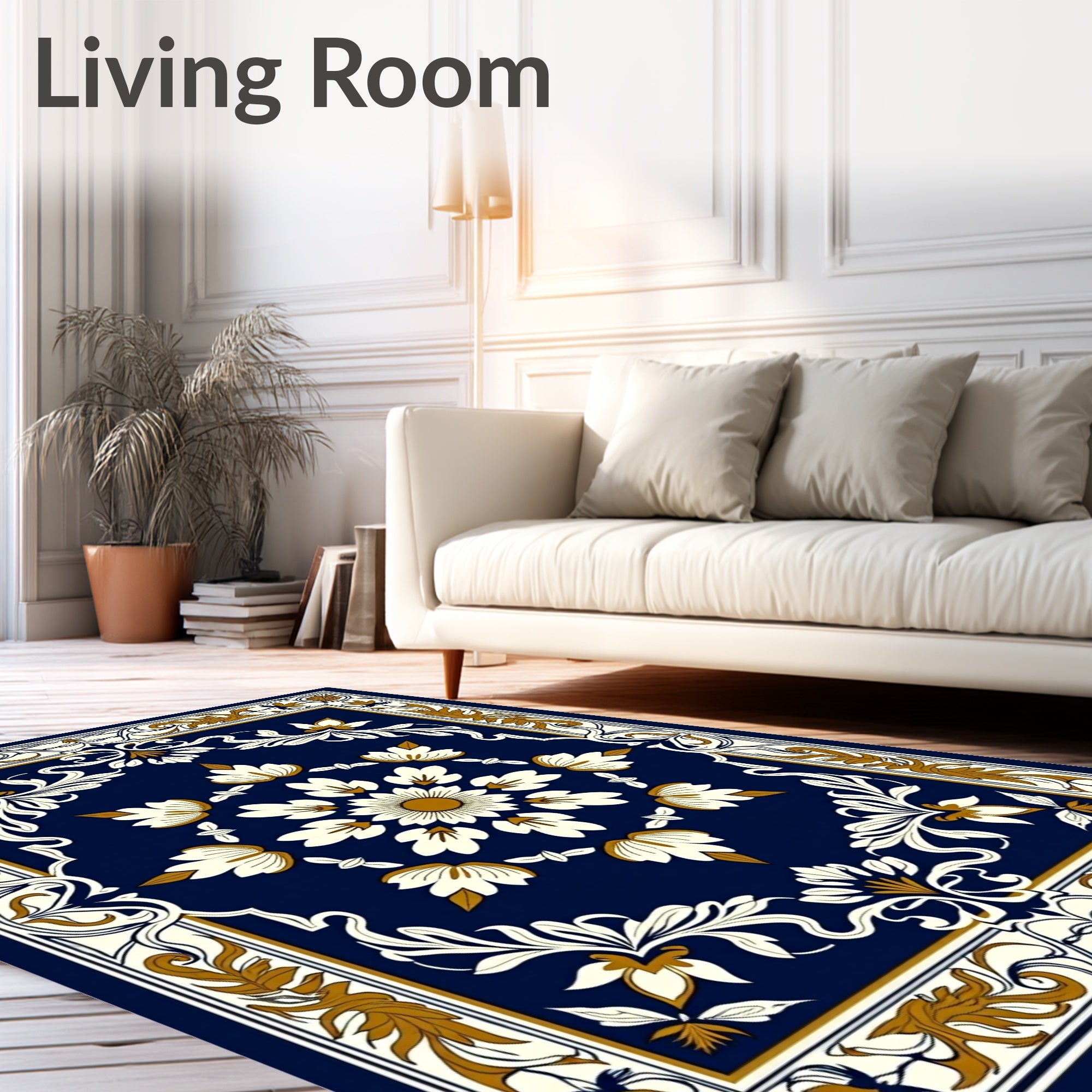 Navy Gold White Floral Medallion Frame Rug