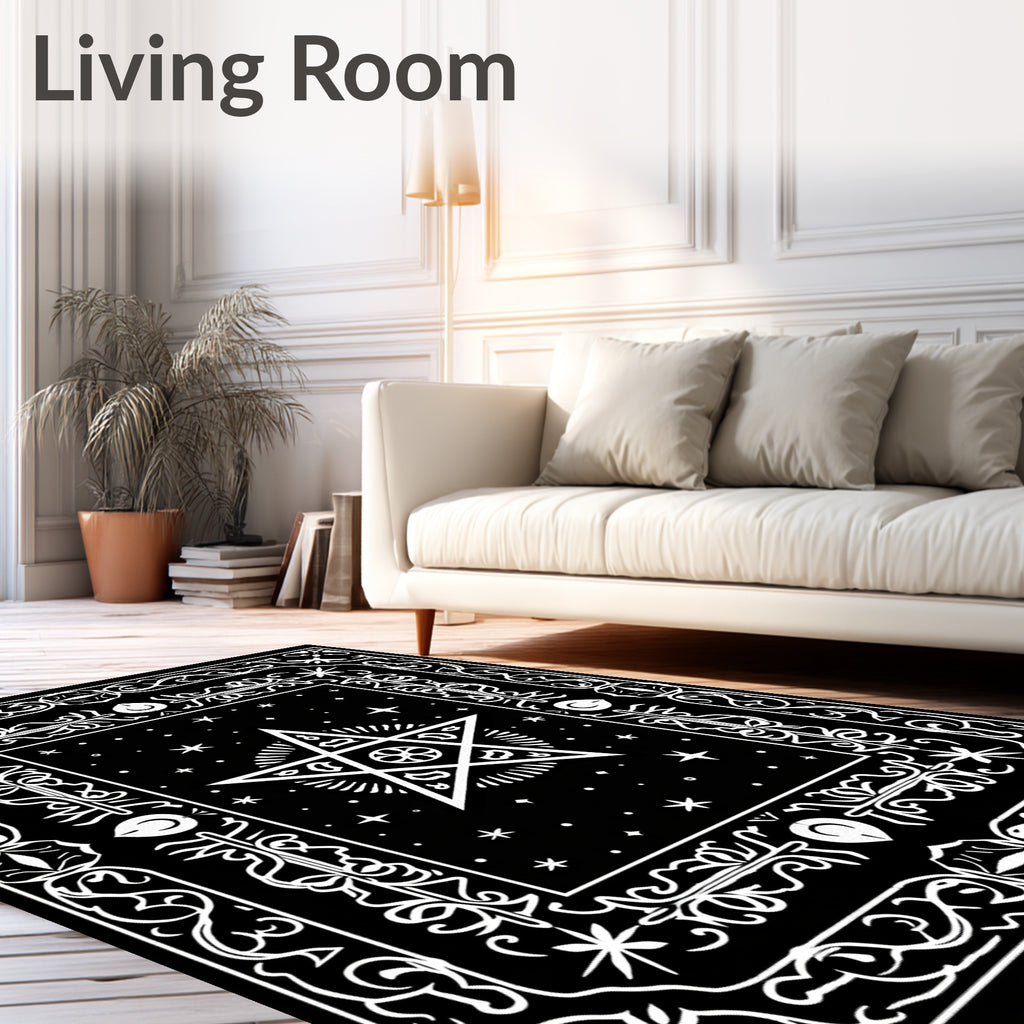 Mystical Black Starburst Pentagram Rug