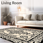 Ornate Black Cream Scrollwork Medallion Rug