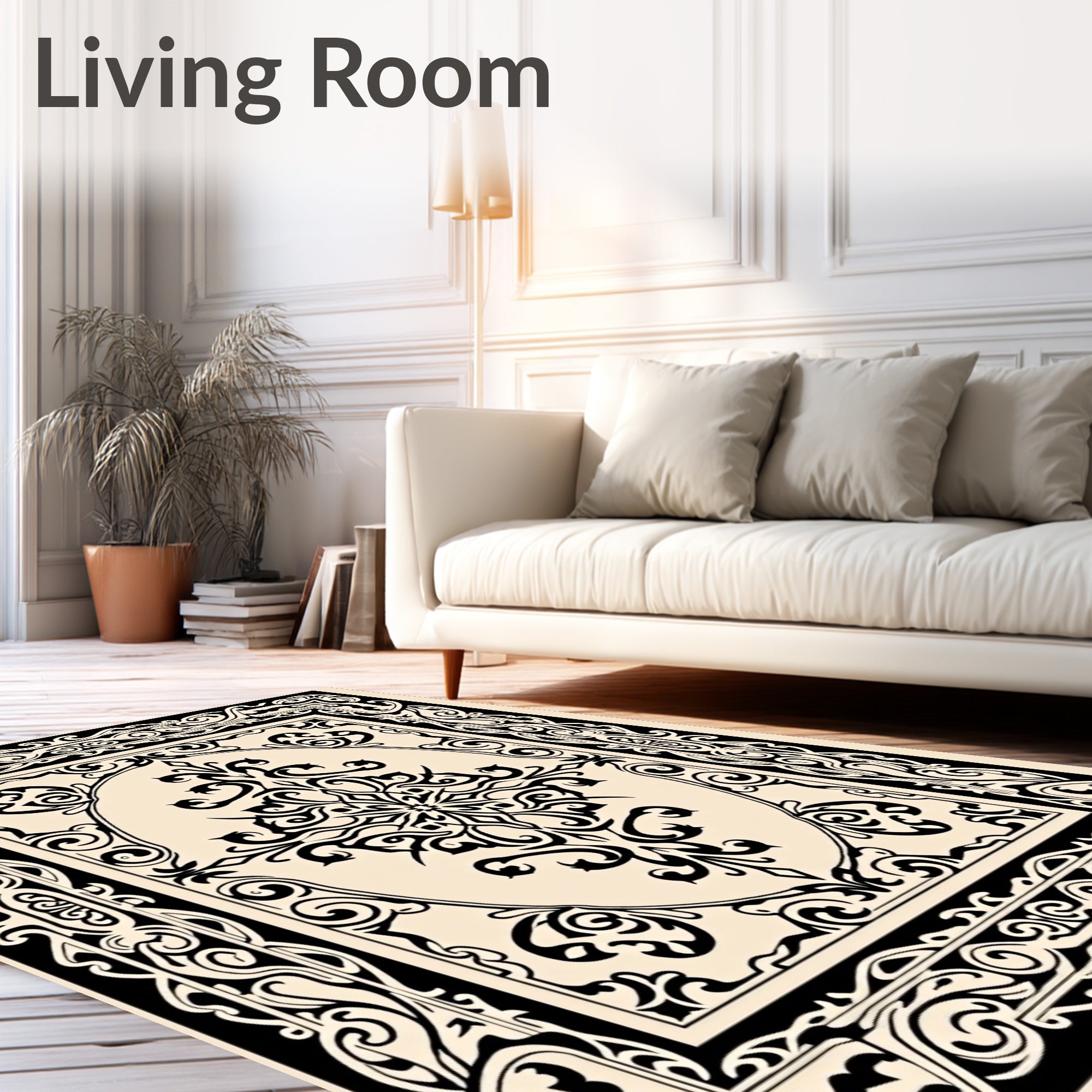 Ornate Black Cream Scrollwork Medallion Rug