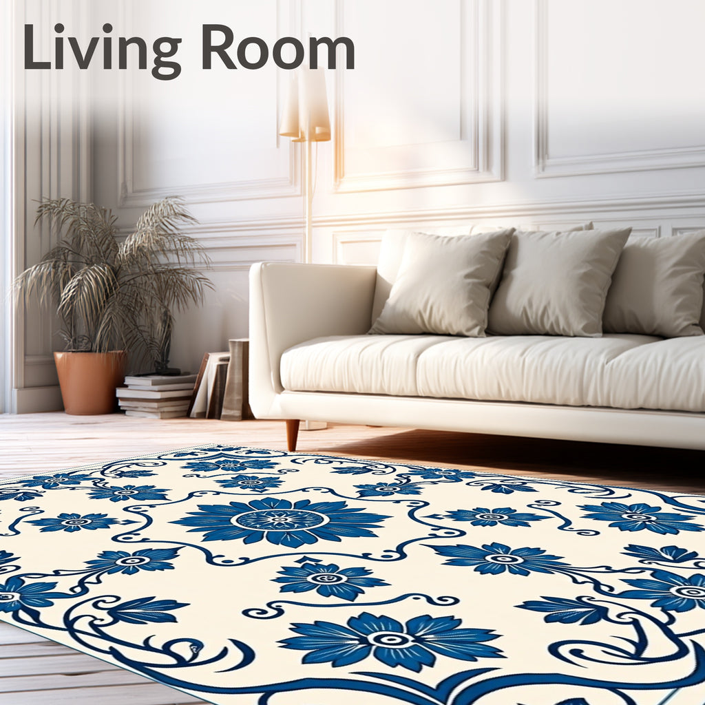 Deep Blue Floral Vine Scroll Rug