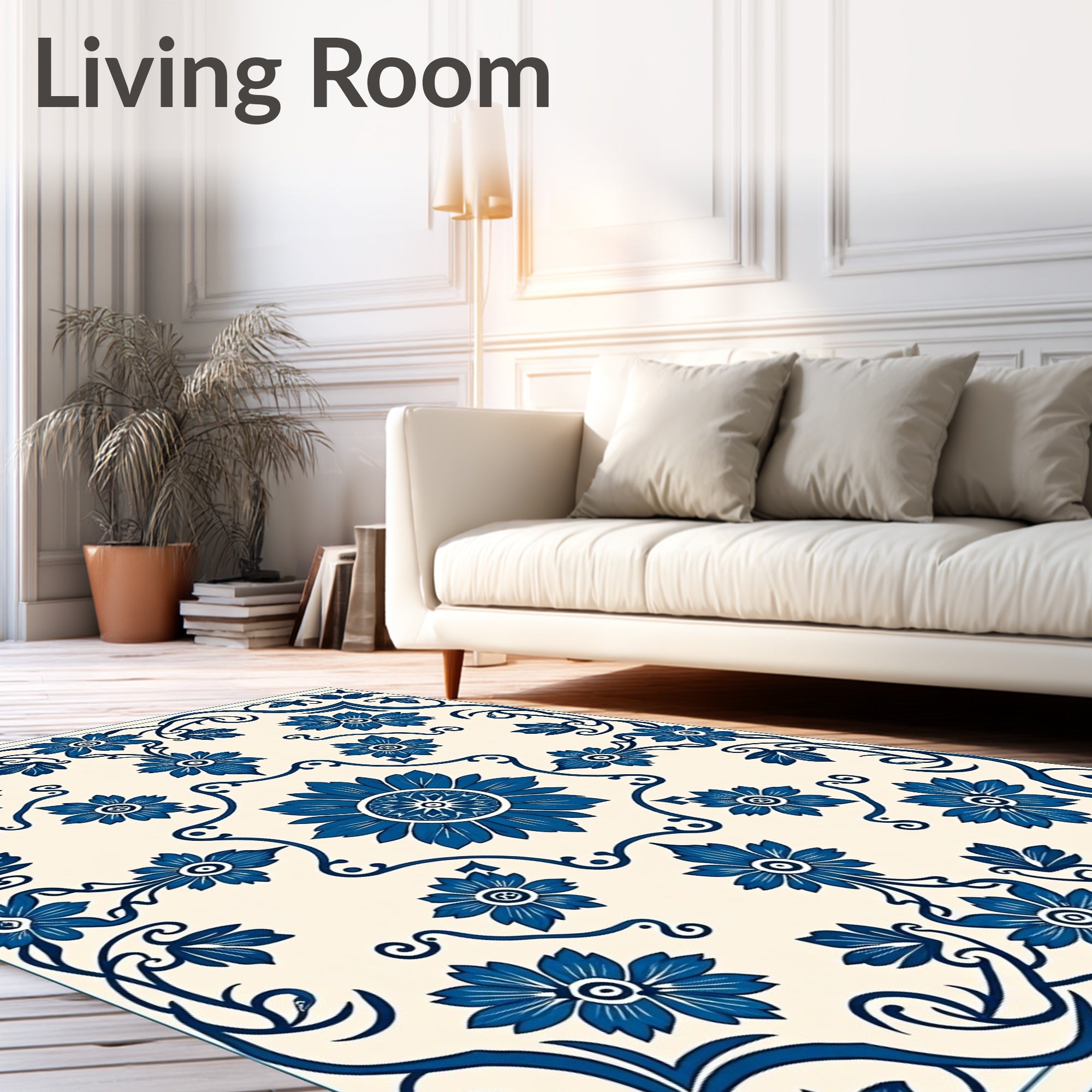 Deep Blue Floral Vine Scroll Rug